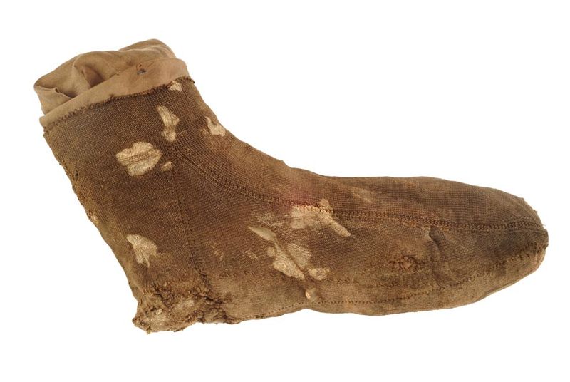 Stocking foot - mid 16th century - Museum of London A13833 Stocking foot - mid 16th century - Museum of London A13833